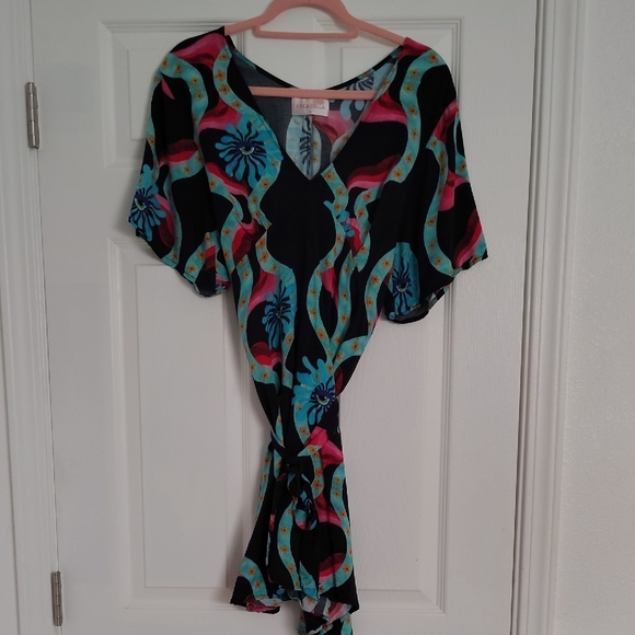 V-Neck Black Mini Dress with Turquoise & Coral Wave Print - Picture 6 of 14
